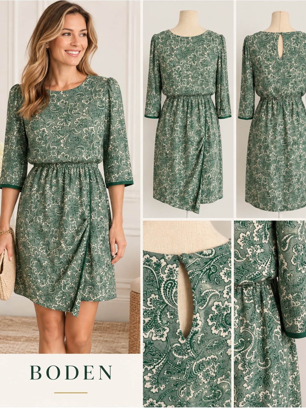 Boden Dolly Day Green Paisley Faux Wrap Dress sz 8